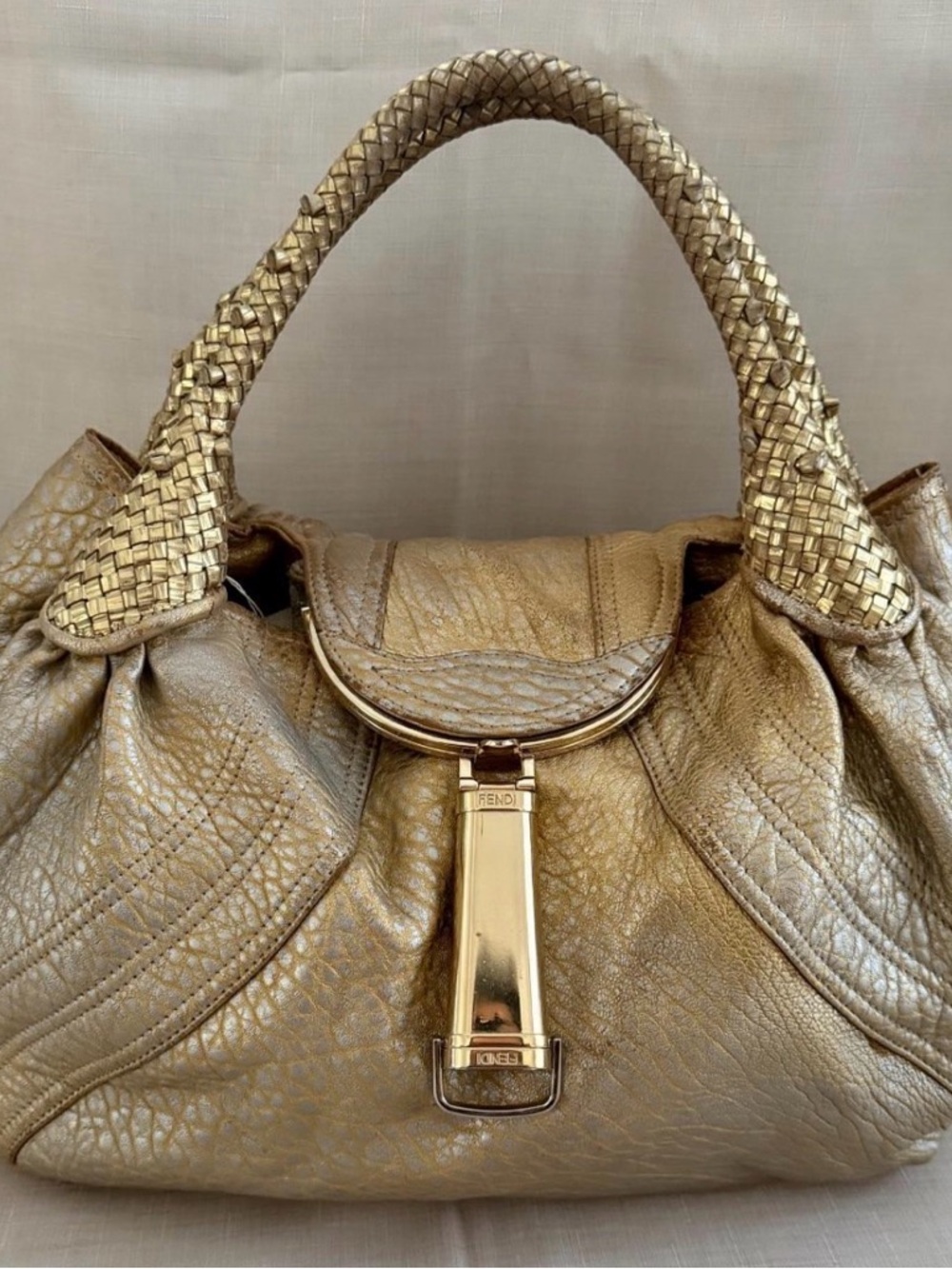 Fendi Spy Metallic Gold Leather Shoulder Bag with Braided Top Handle